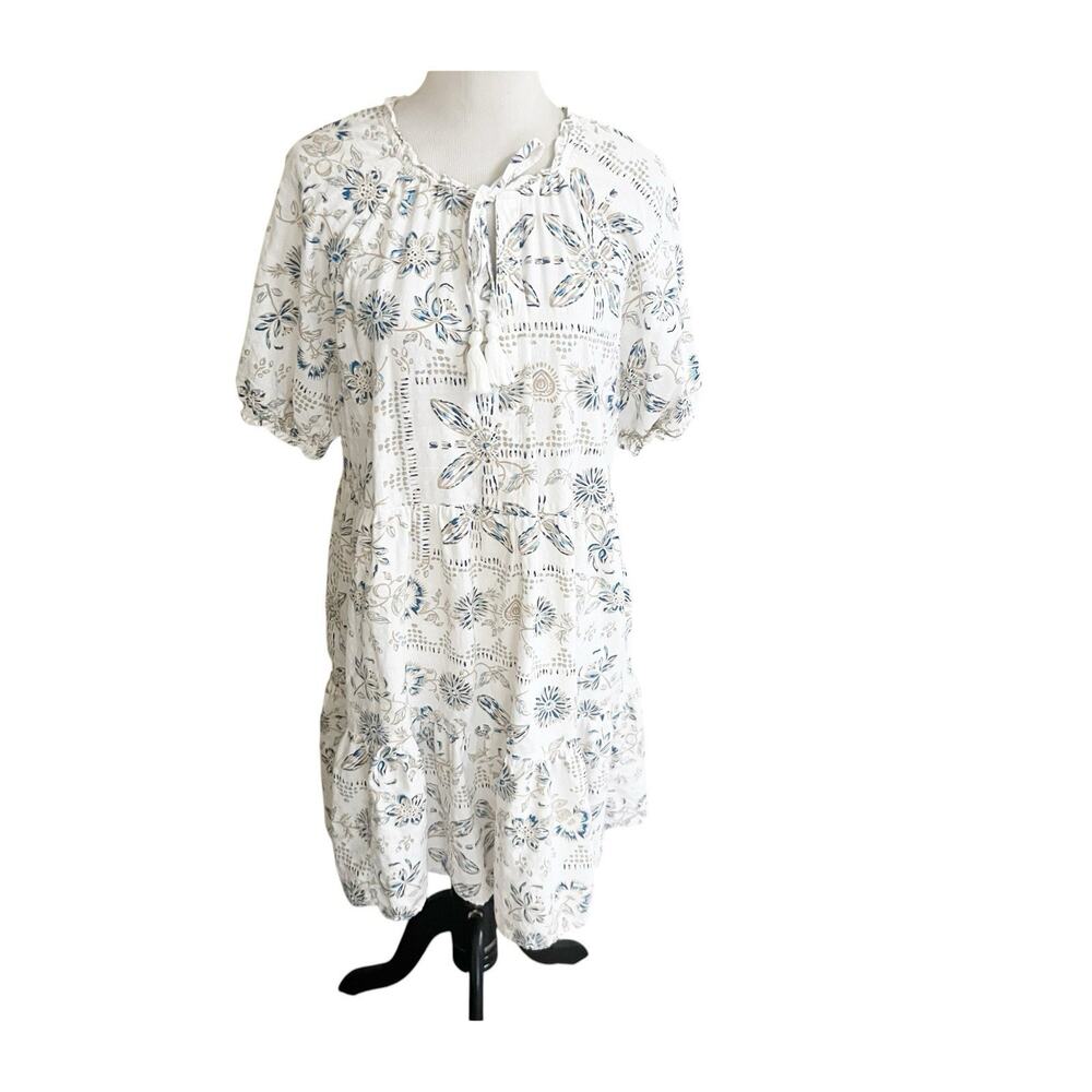 Sonoma Peasant Midi Dress Size XL Tassels Floral Print White Beige Cotton Blend